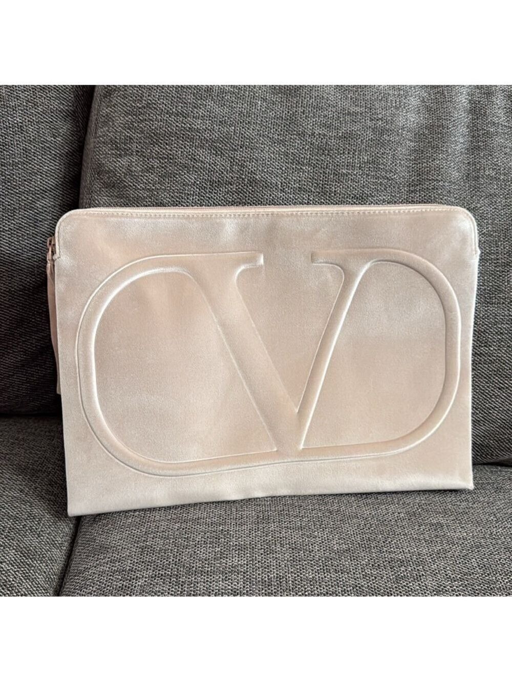 Valentino Beauty Nude Beige Velvet XL Flat Pouch  New